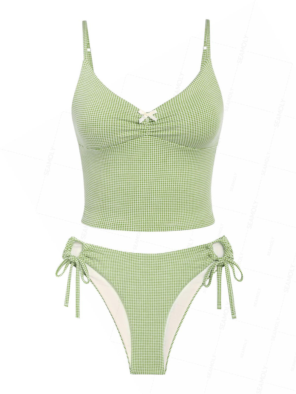 Seamolly Green Plaid Ruched Bowknot Decor Plunging Neck Cinched Tie Side Tankini Set