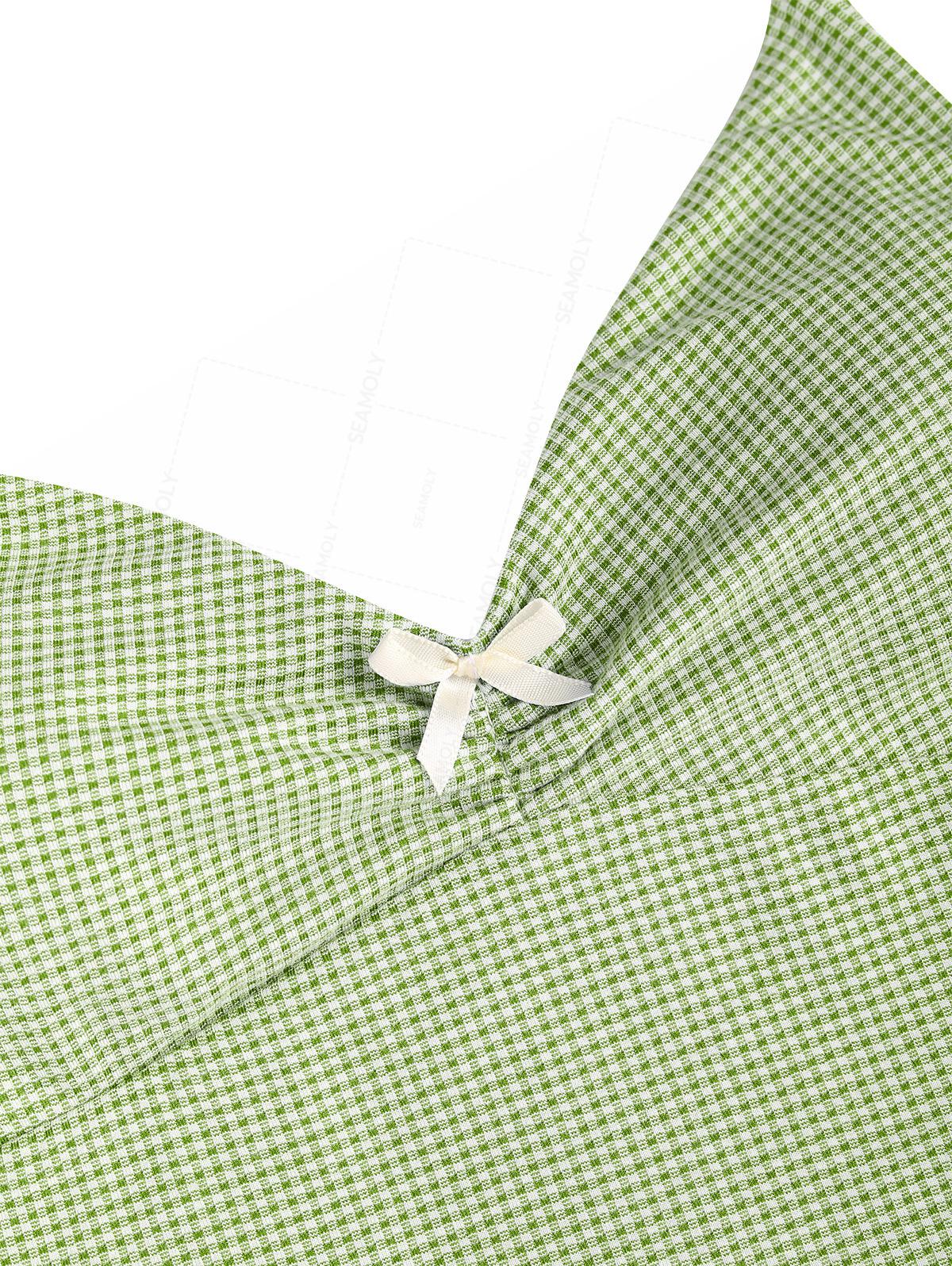 Seamolly Green Plaid Ruched Bowknot Decor Plunging Neck Cinched Tie Side Tankini Set