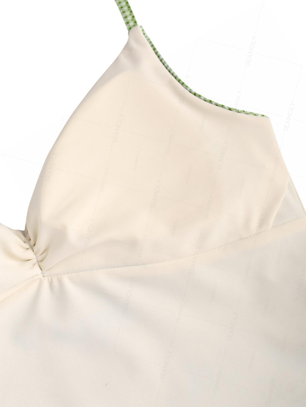 Seamolly Green Plaid Ruched Bowknot Decor Plunging Neck Cinched Tie Side Tankini Set