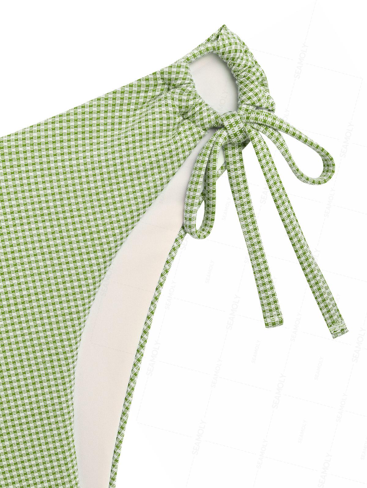 Seamolly Green Plaid Ruched Bowknot Decor Plunging Neck Cinched Tie Side Tankini Set