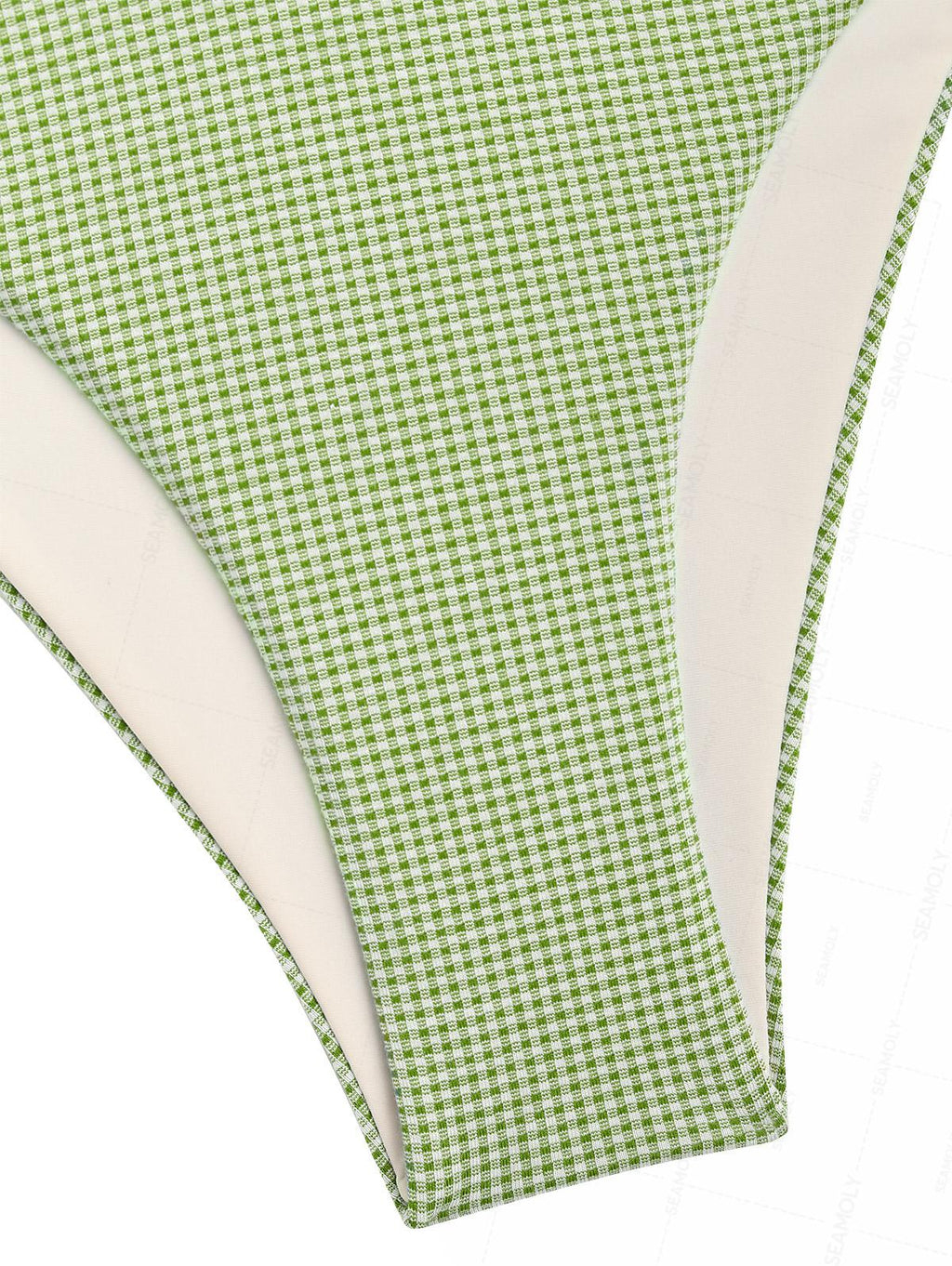 Seamolly Green Plaid Ruched Bowknot Decor Plunging Neck Cinched Tie Side Tankini Set