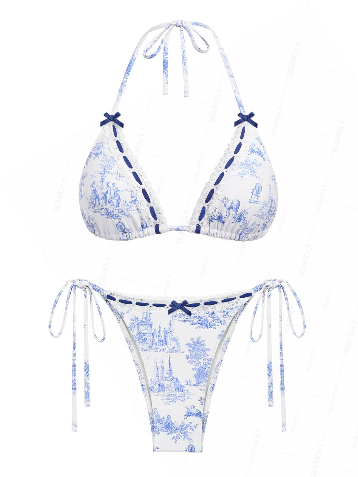 Seamolly Toile de Jouy Print Lace Bowknot  Halter Triangle Tie Side Bikini Set