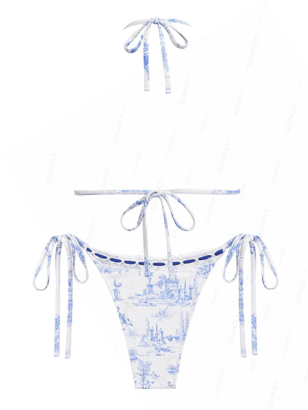 Seamolly Toile de Jouy Print Lace Bowknot  Halter Triangle Tie Side Bikini Set