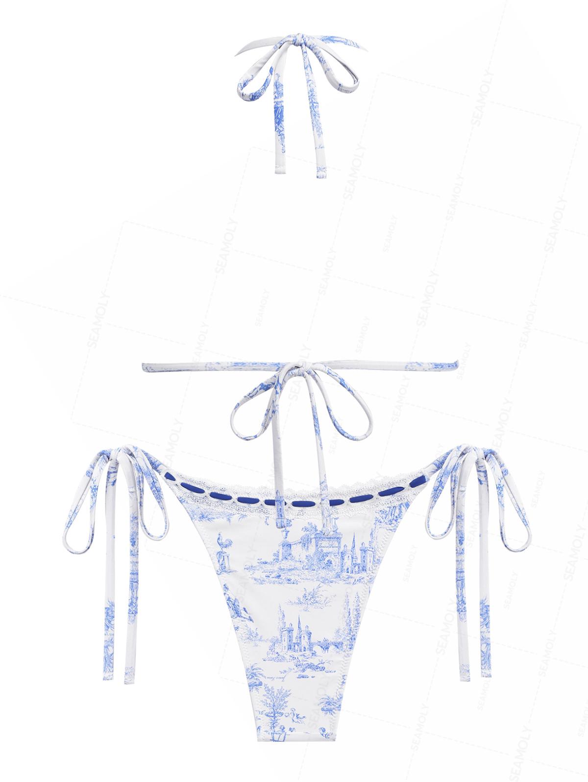 Seamolly Toile de Jouy Print Lace Bowknot  Halter Triangle Tie Side Bikini Set