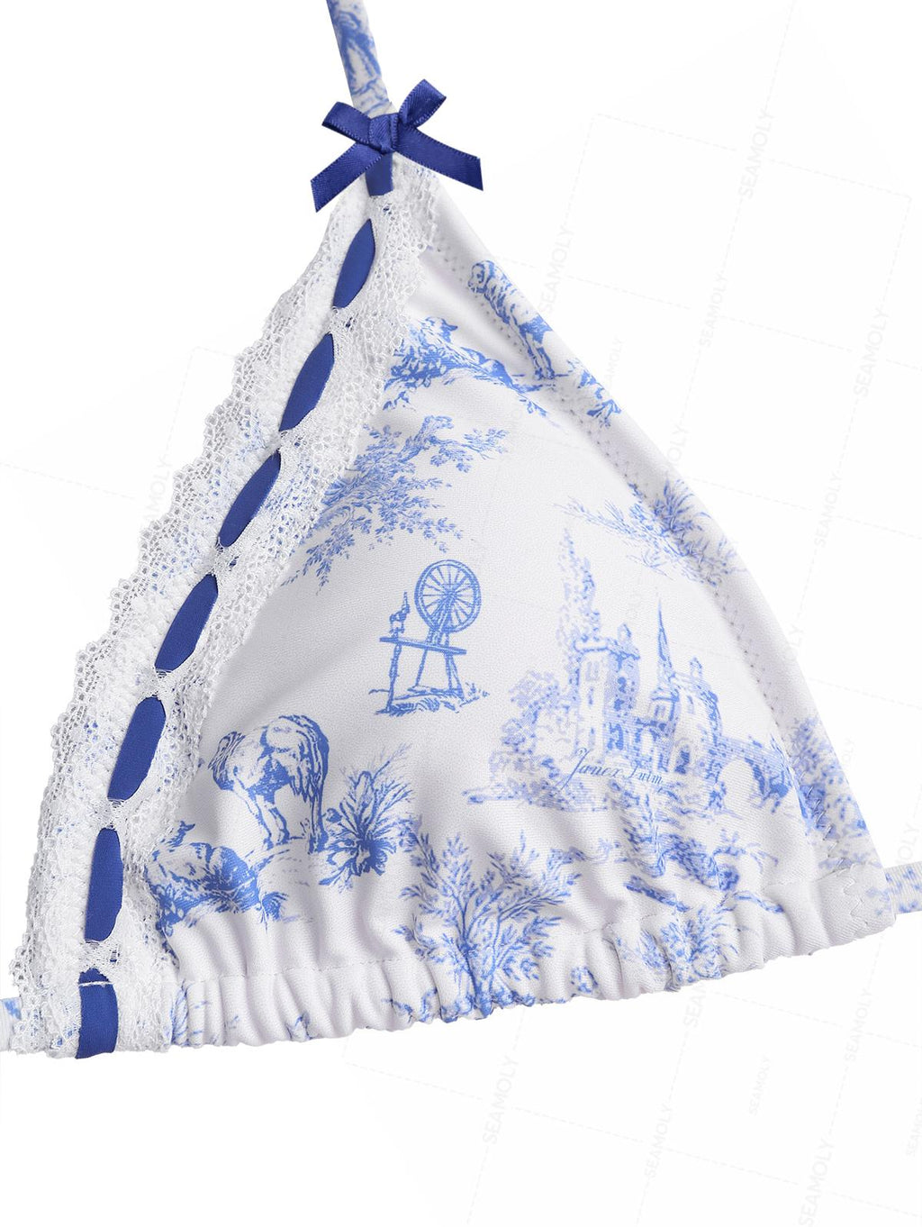 Seamolly Toile de Jouy Print Lace Bowknot  Halter Triangle Tie Side Bikini Set