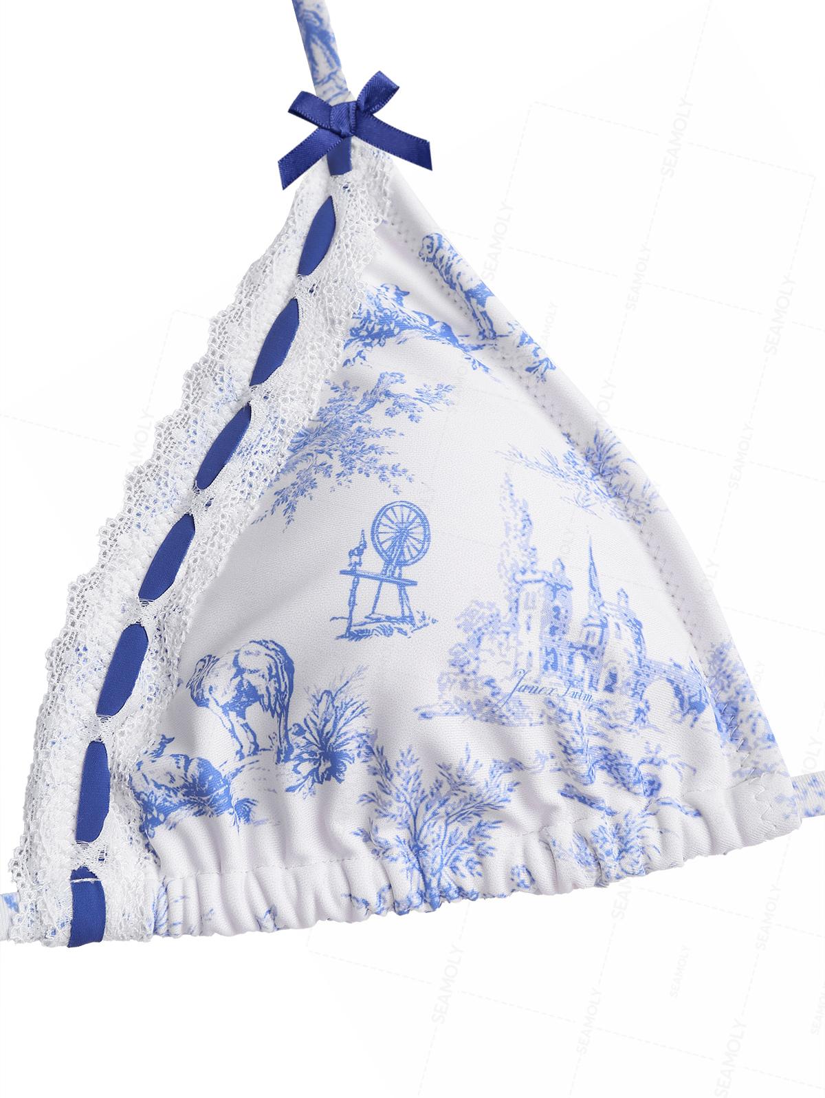 Seamolly Toile de Jouy Print Lace Bowknot  Halter Triangle Tie Side Bikini Set