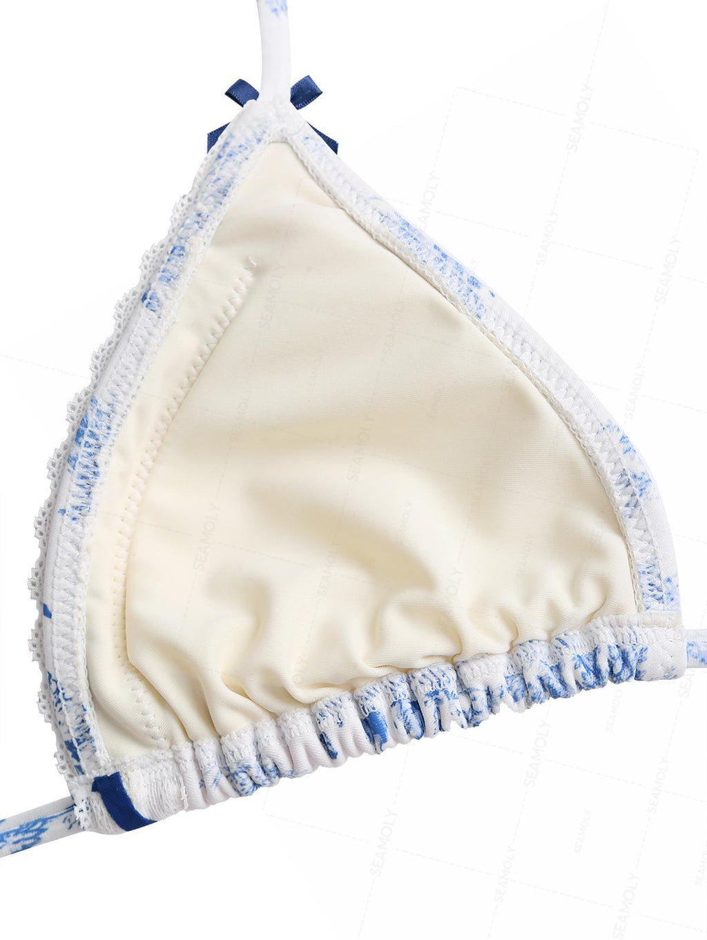 Seamolly Toile de Jouy Print Lace Bowknot  Halter Triangle Tie Side Bikini Set