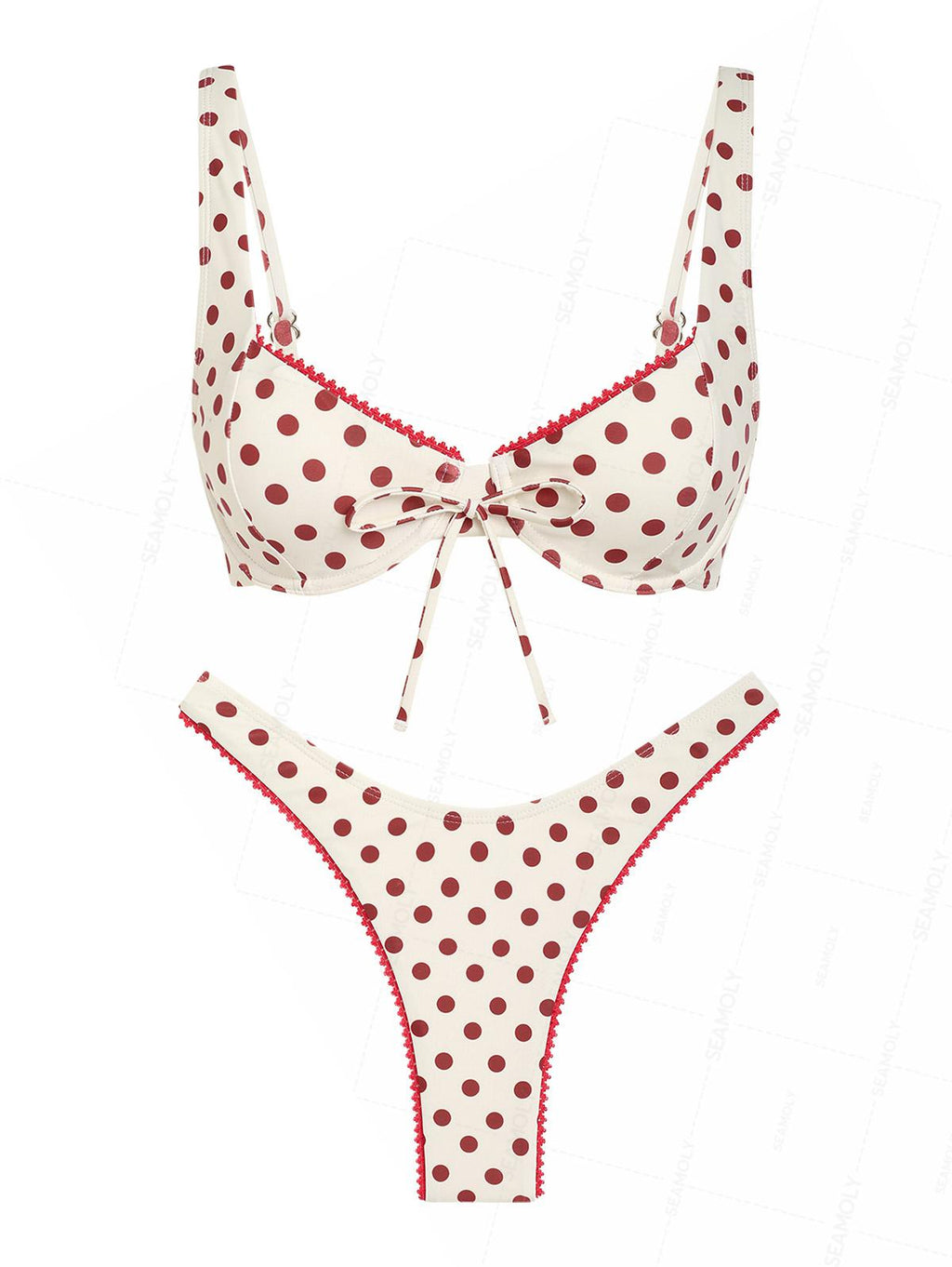 Seamolly Polka Dot Contrast Lace Trim Bowknot Decor Underwire Bikini Set