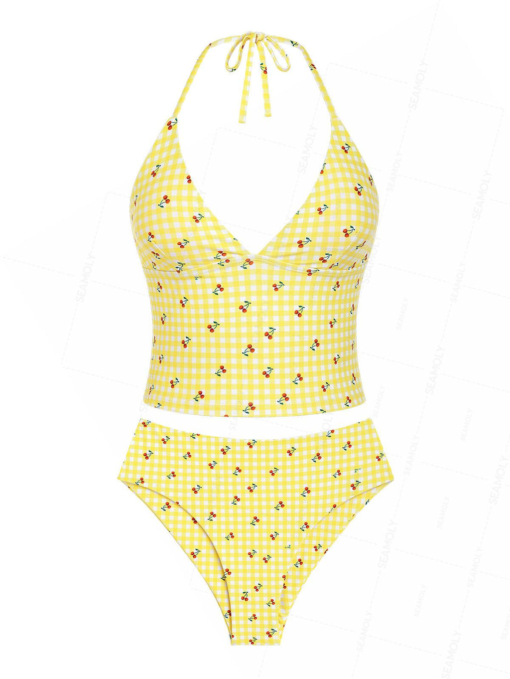 Seamolly Gingham Cherry Plunging Neck Halter Tied Full Coverage Tankini Set