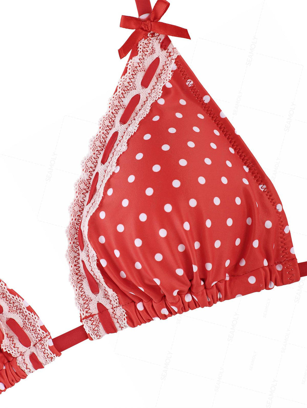 Seamolly Christmas Vintage Polka Dot Lace Bowknot Halter Triangle Tie Side Bikini Set