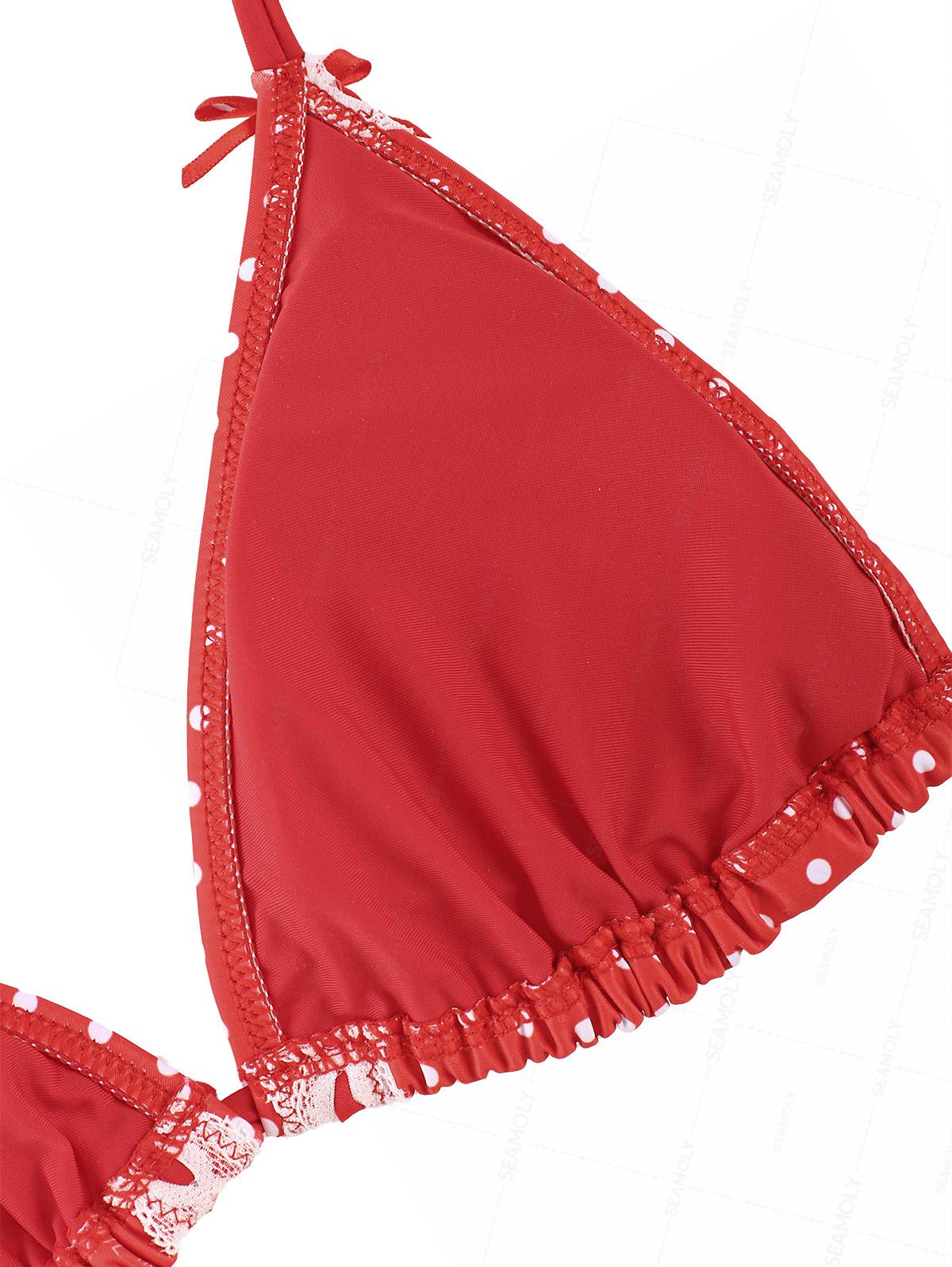 Seamolly Christmas Vintage Polka Dot Lace Bowknot Halter Triangle Tie Side Bikini Set