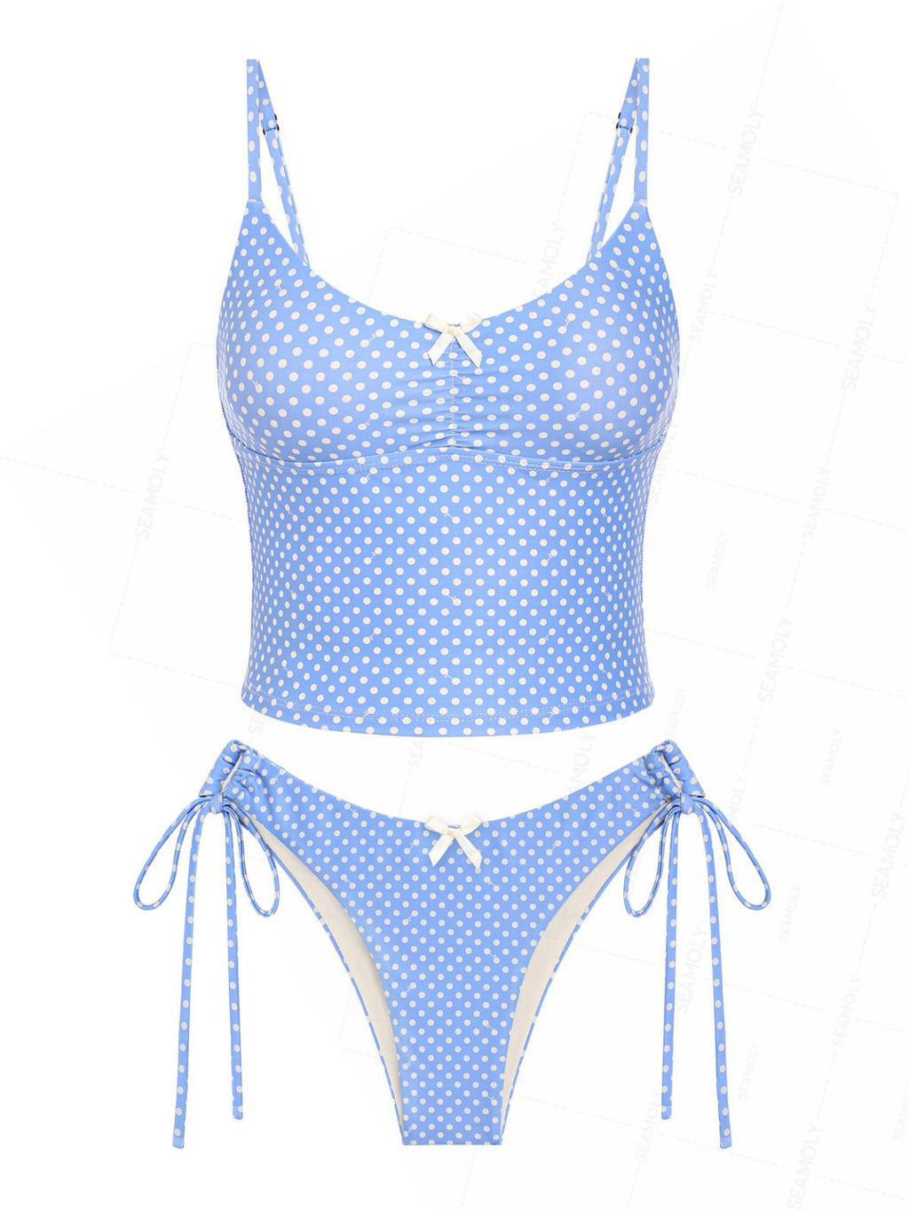 Seamolly Polka Dot Ruched Bowknot Cinched Tie Side Tankini Set