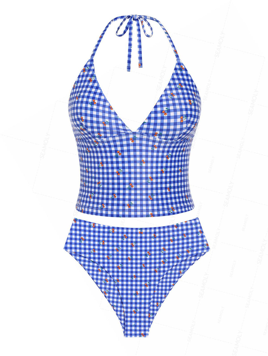 Seamolly Gingham Cherry Plunging Neck Halter Tied Full Coverage Tankini Set
