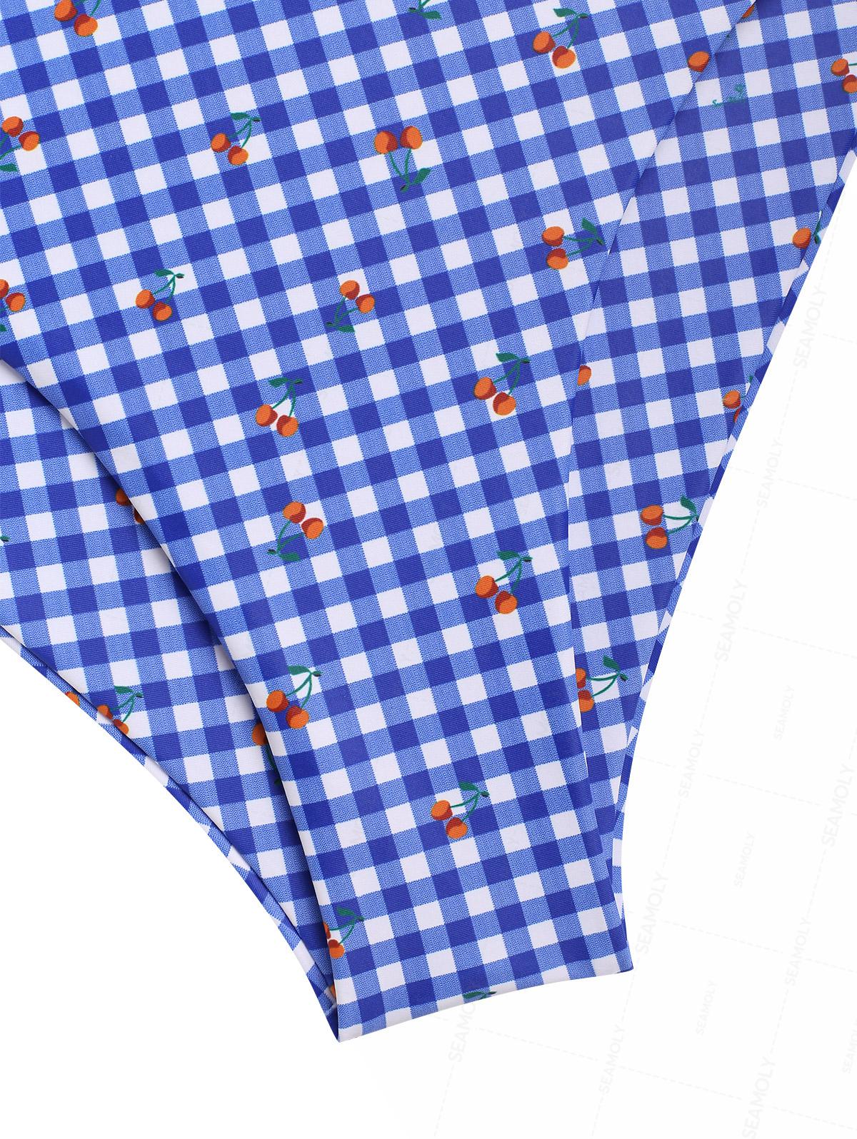 Seamolly Gingham Cherry Plunging Neck Halter Tied Full Coverage Tankini Set