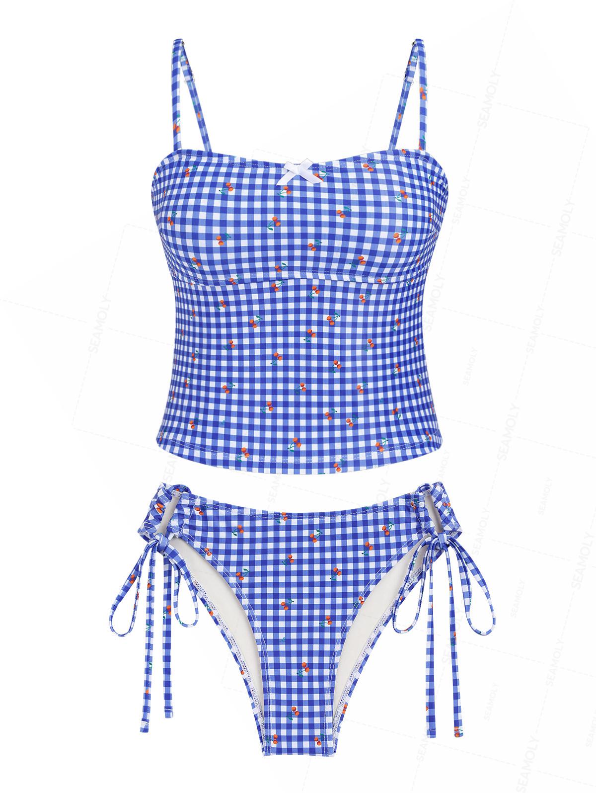 Seamolly Gingham Cherry Print Bowknot Cinched Tied Tankini Set