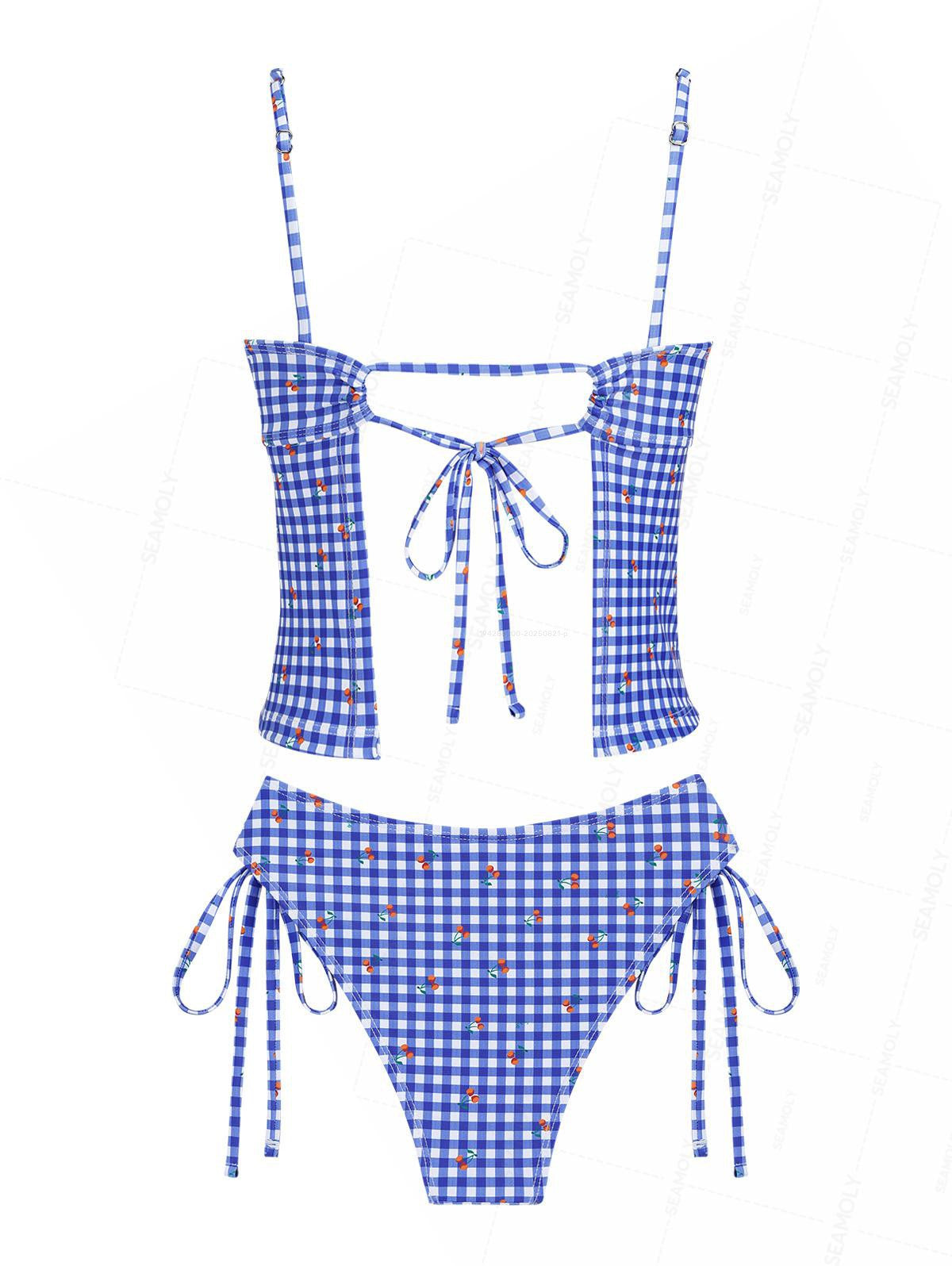 Seamolly Gingham Cherry Print Bowknot Cinched Tied Tankini Set