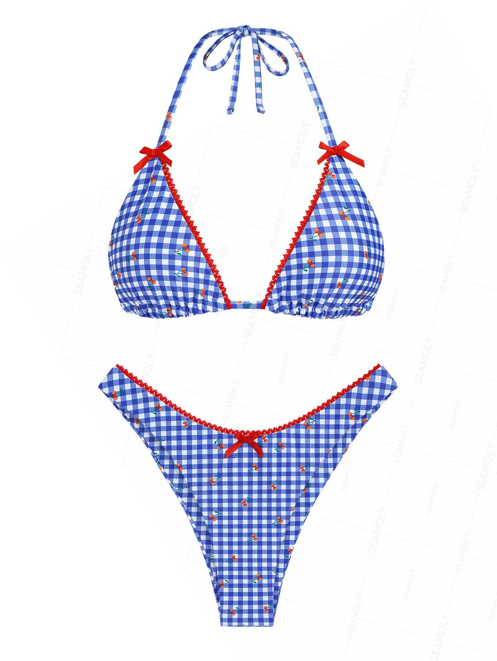 Seamolly Gingham Cherry Lace Bowknot Halter Triangle Cheeky Bikini Set