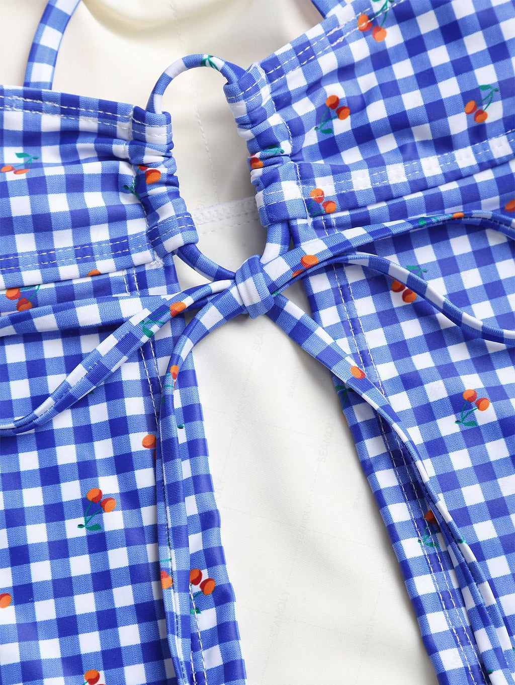 Seamolly Gingham Cherry Print Bowknot Cinched Tied Tankini Set