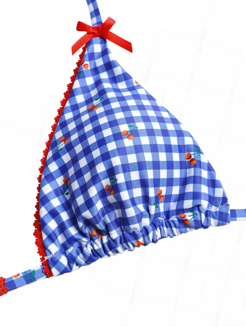 Seamolly Gingham Cherry Lace Bowknot Halter Triangle Cheeky Bikini Set