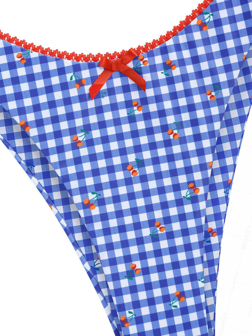 Seamolly Gingham Cherry Lace Bowknot Halter Triangle Cheeky Bikini Set