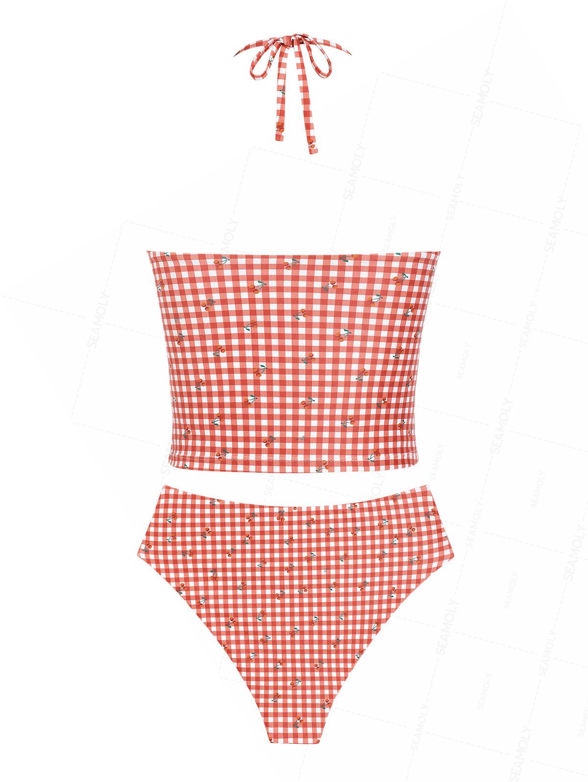 Seamolly Gingham Cherry Plunging Neck Halter Tied Full Coverage Tankini Set