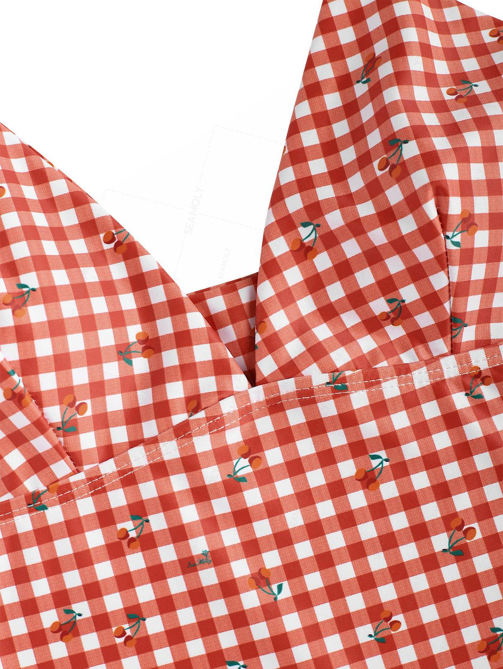 Seamolly Gingham Cherry Plunging Neck Halter Tied Full Coverage Tankini Set