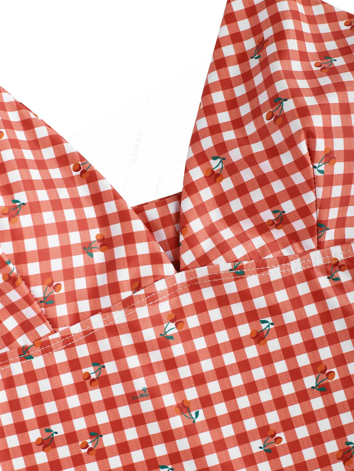 Seamolly Gingham Cherry Plunging Neck Halter Tied Full Coverage Tankini Set