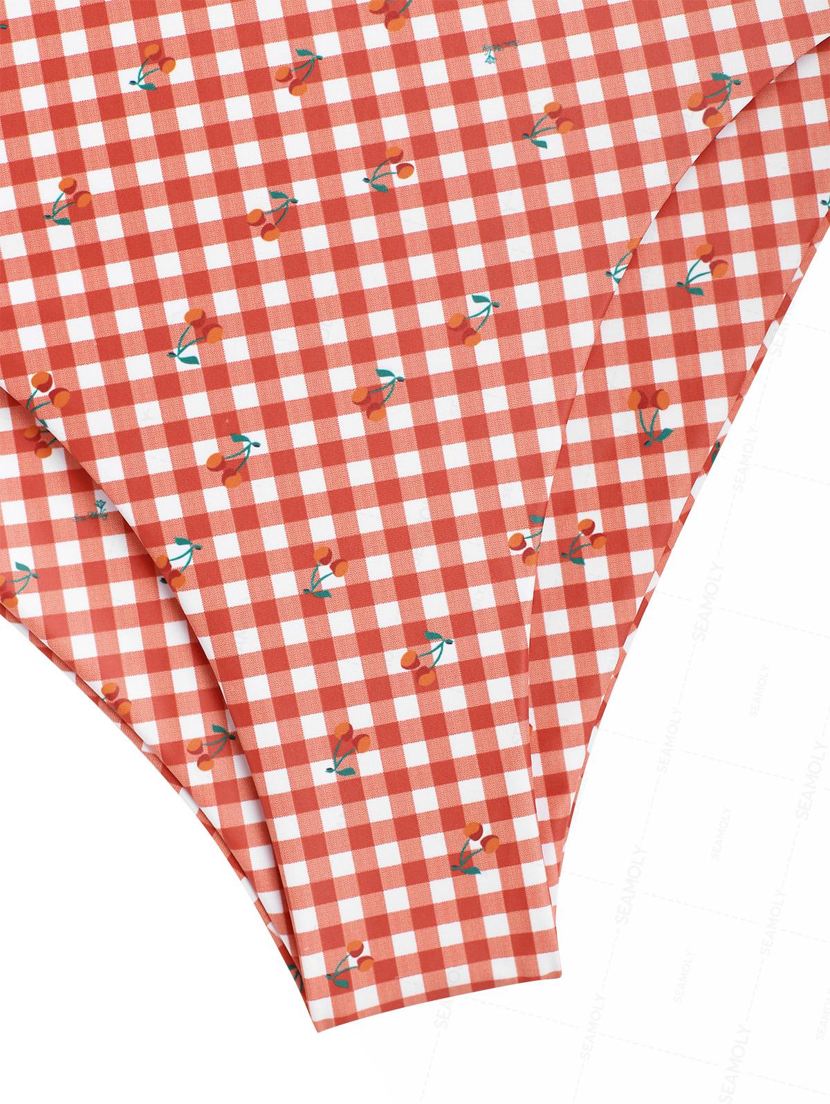 Seamolly Gingham Cherry Plunging Neck Halter Tied Full Coverage Tankini Set