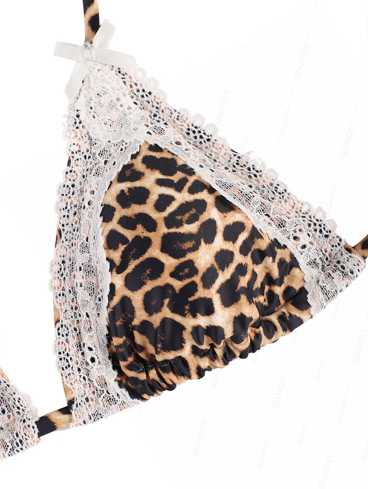 Seamolly Leopard Lace Bowknot Halter Triangle Tie Side Bikini Set
