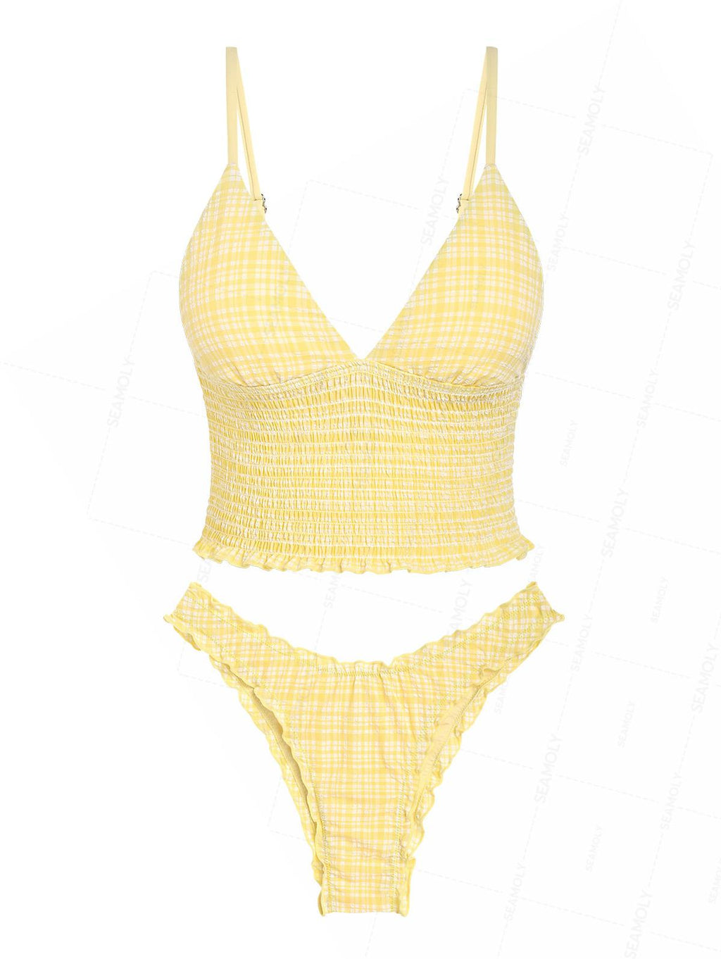 Seamolly Plaid Textured Smocked Ruffles Plunging Neck Tankini Set