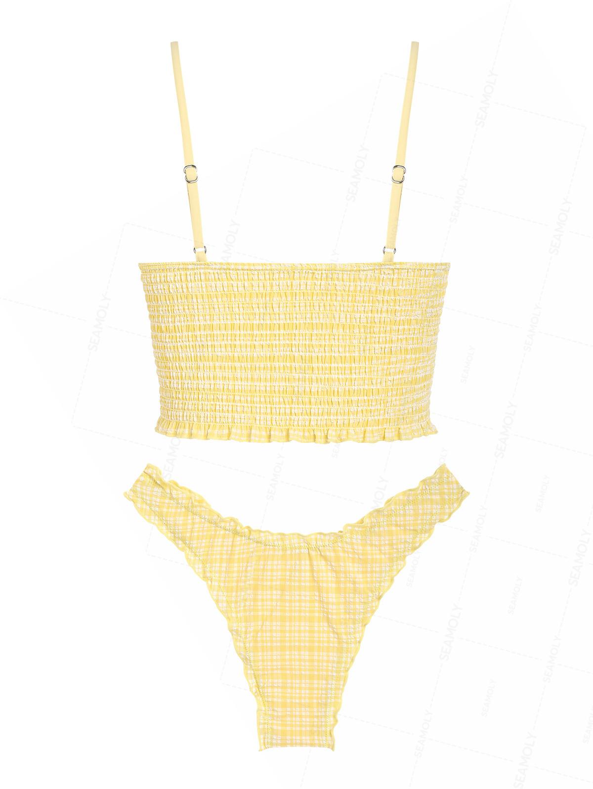 Seamolly Plaid Textured Smocked Ruffles Plunging Neck Tankini Set