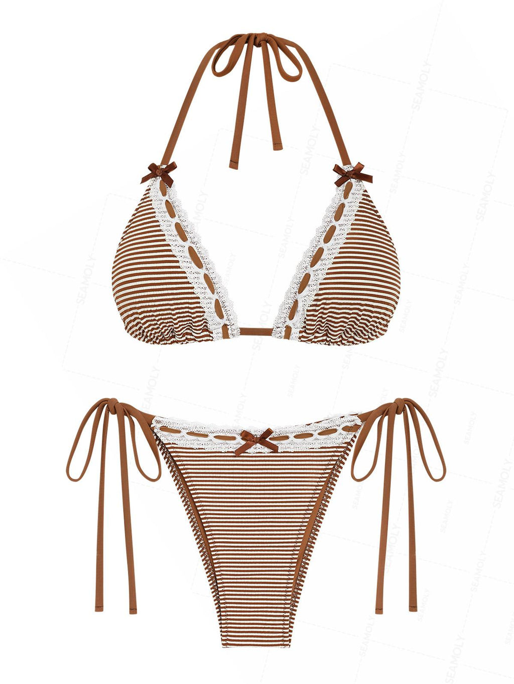 Seamolly Striped Lace Bowknot Halter Triangle Tie Side Bikini Set