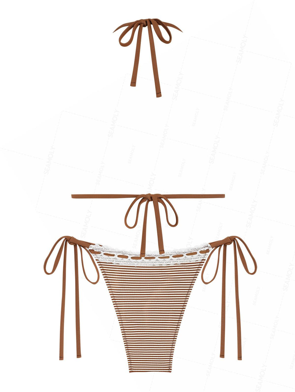 Seamolly Striped Lace Bowknot Halter Triangle Tie Side Bikini Set