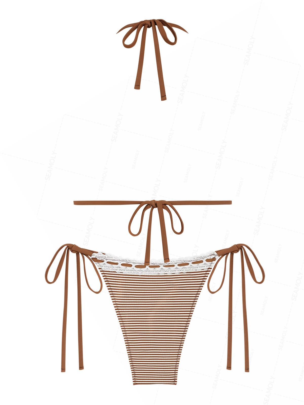 Seamolly Striped Lace Bowknot Halter Triangle Tie Side Bikini Set