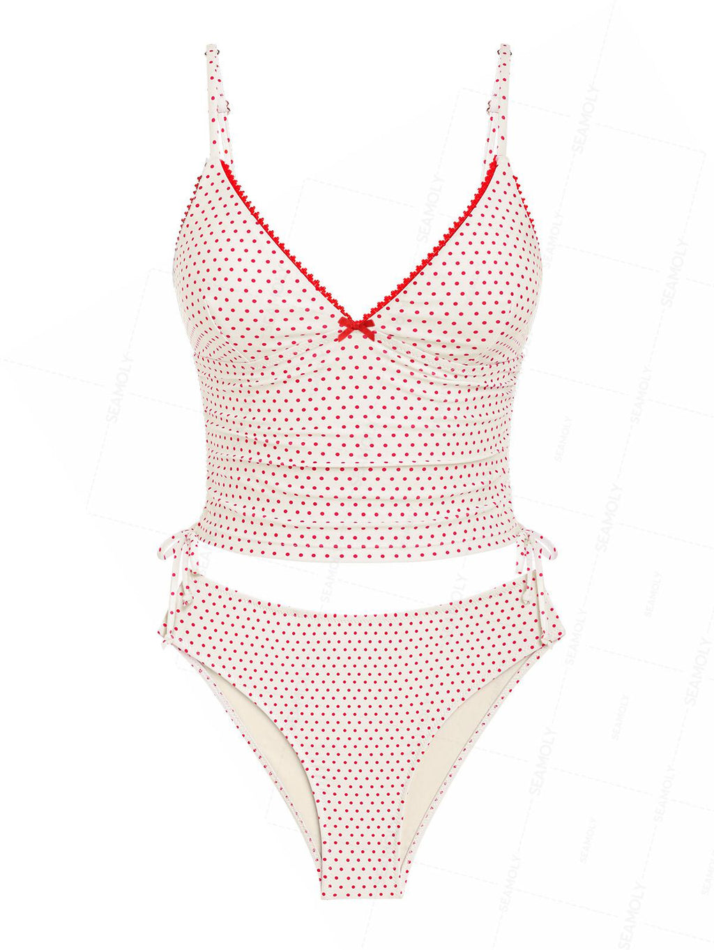 Seamolly Polka Dot Lace Bowknot Cinched Side Full Coverage Tankini Set