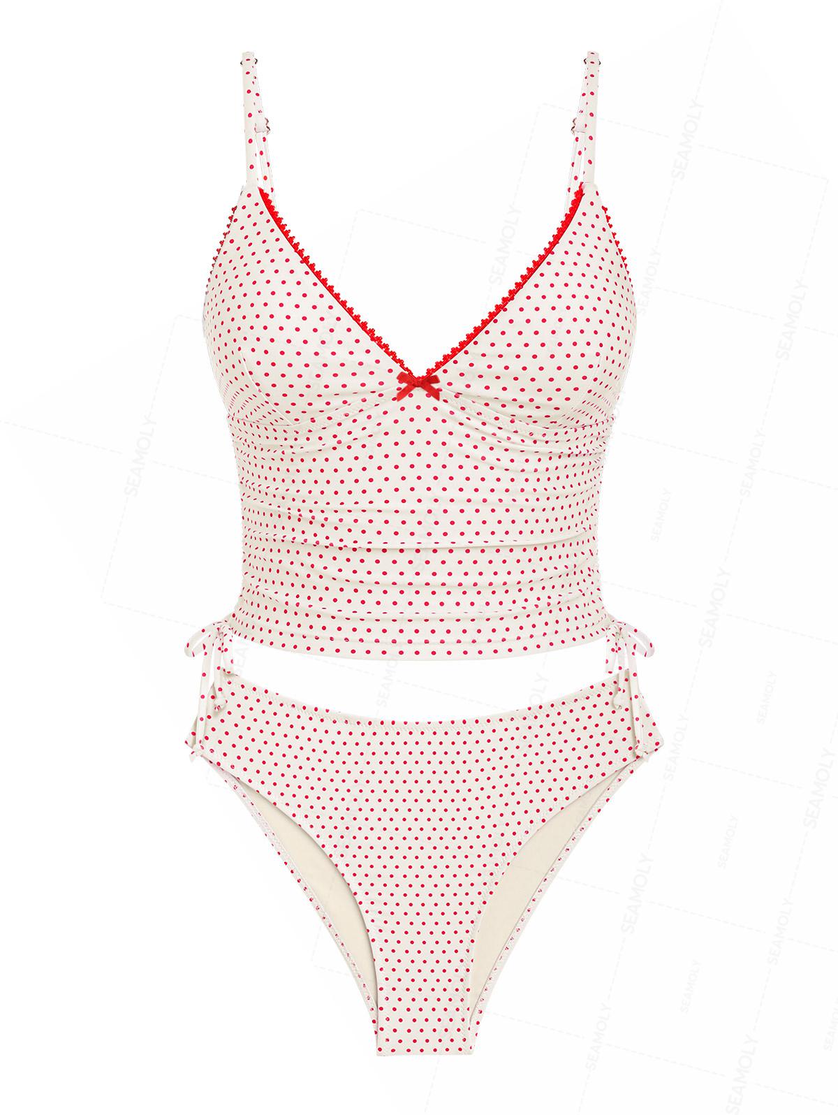 Seamolly Polka Dot Lace Bowknot Cinched Side Full Coverage Tankini Set