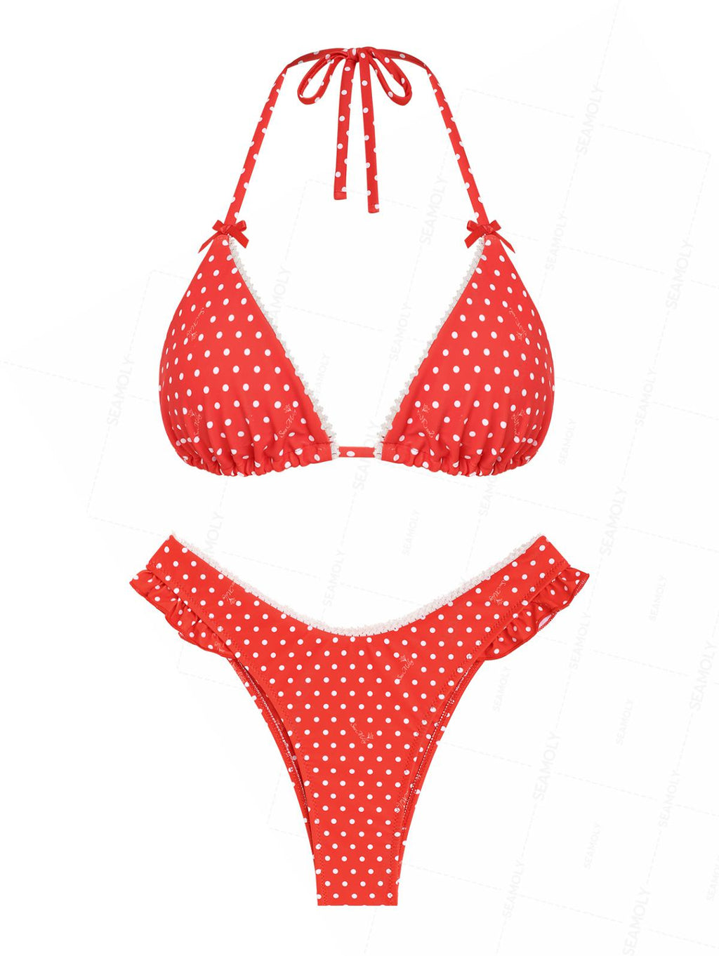Seamolly Christmas Vintage Polka Dot Lace Bowknot Halter Triangle Bikini Set