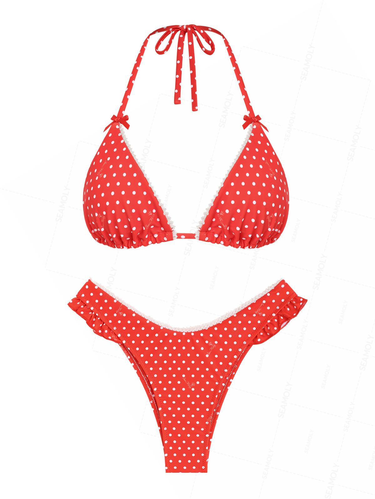 Seamolly Christmas Vintage Polka Dot Lace Bowknot Halter Triangle Bikini Set