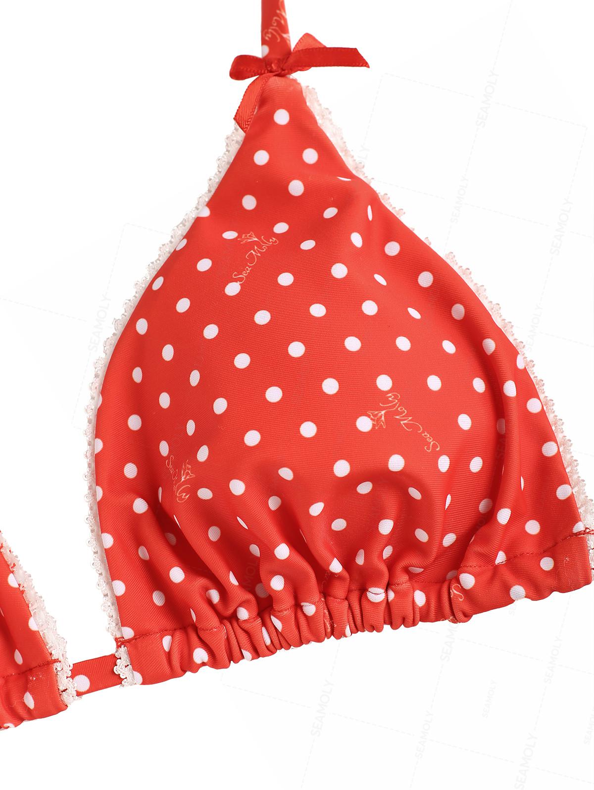Seamolly Christmas Vintage Polka Dot Lace Bowknot Halter Triangle Bikini Set