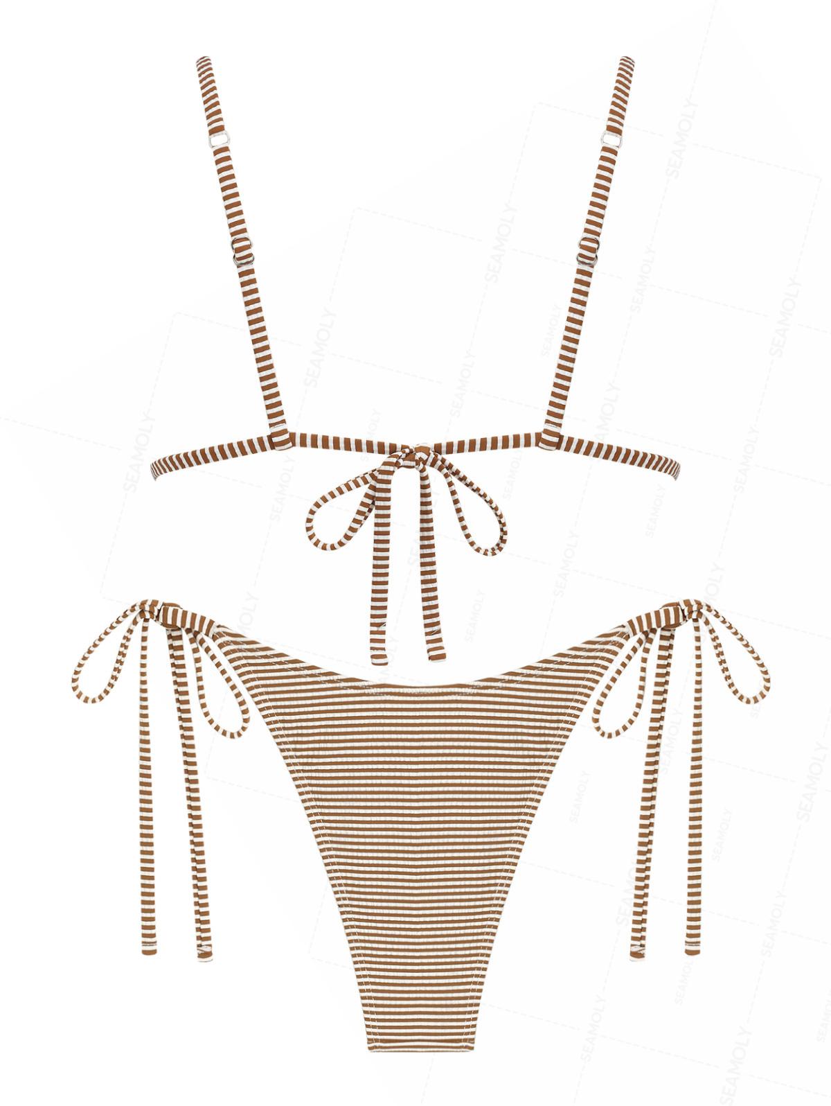 Seamolly Striped Frilled Ruffles Triangle Tie Side Bikini Set