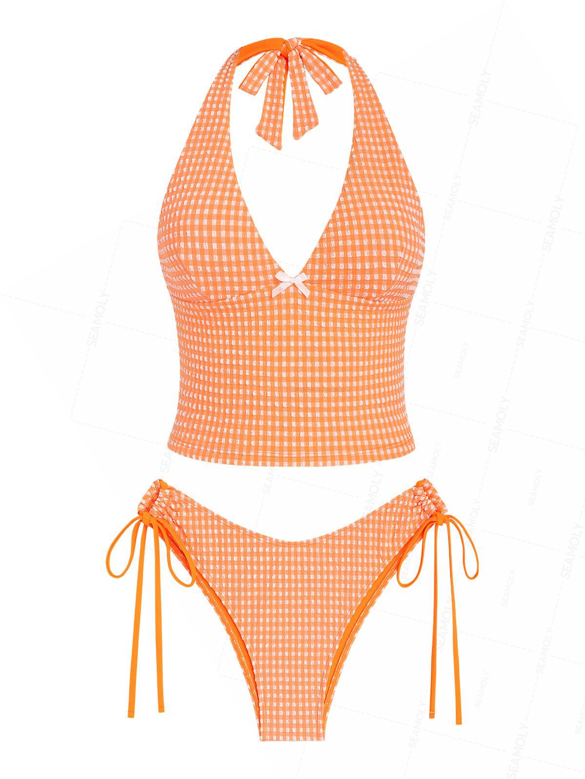 Seamolly Plaid Textured Bowknot Lace Up Back Halter Cinched Tie Side Tankini Set