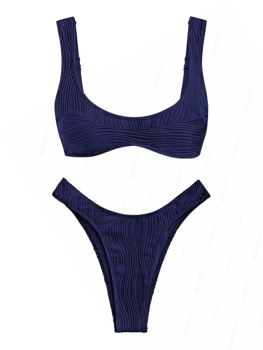 Seamolly Solid Color Wave Textured Tank Style Cheeky Bikini Set