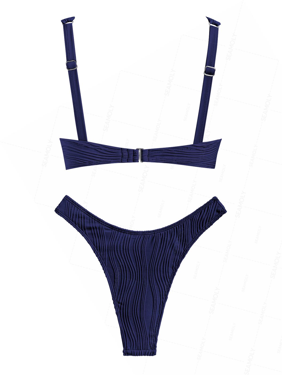 Seamolly Solid Color Wave Textured Tank Style Cheeky Bikini Set