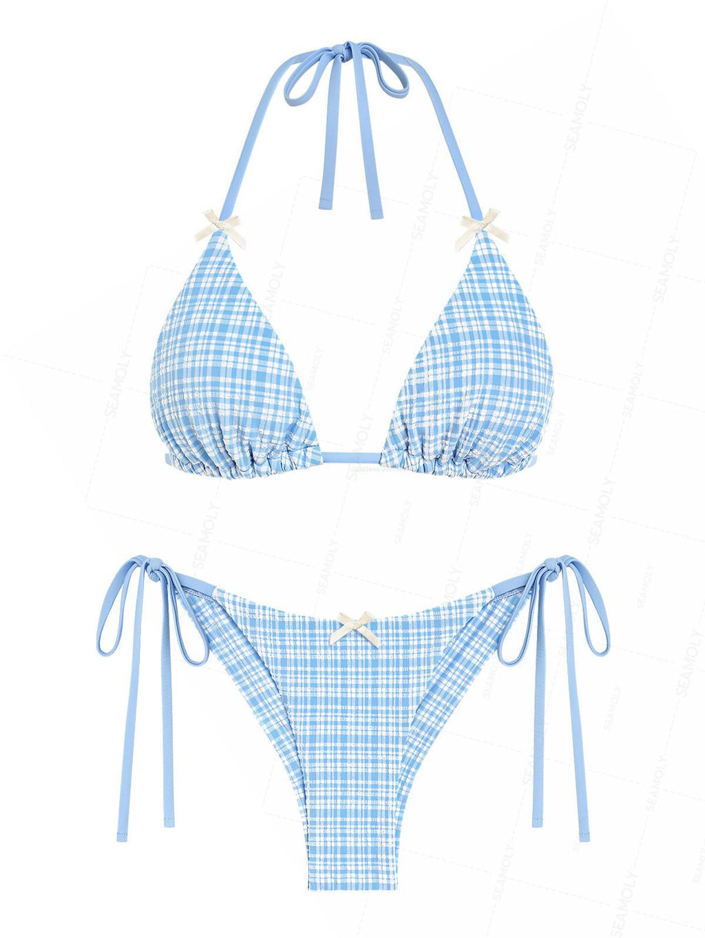 Seamolly Plaid Textured Bowknot Halter Triangle Top & Tie Side Brazilian Bottom Bikini Set