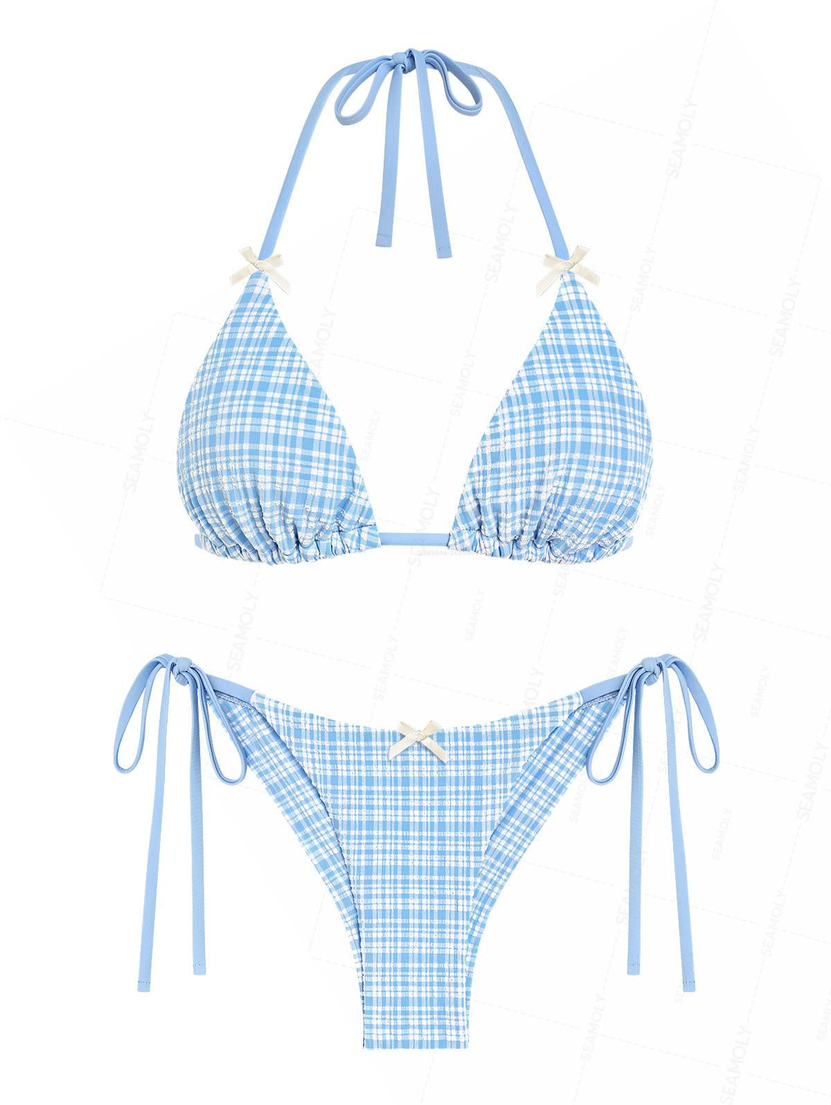 Seamolly Plaid Textured Bowknot Halter Triangle Top & Tie Side Brazilian Bottom Bikini Set