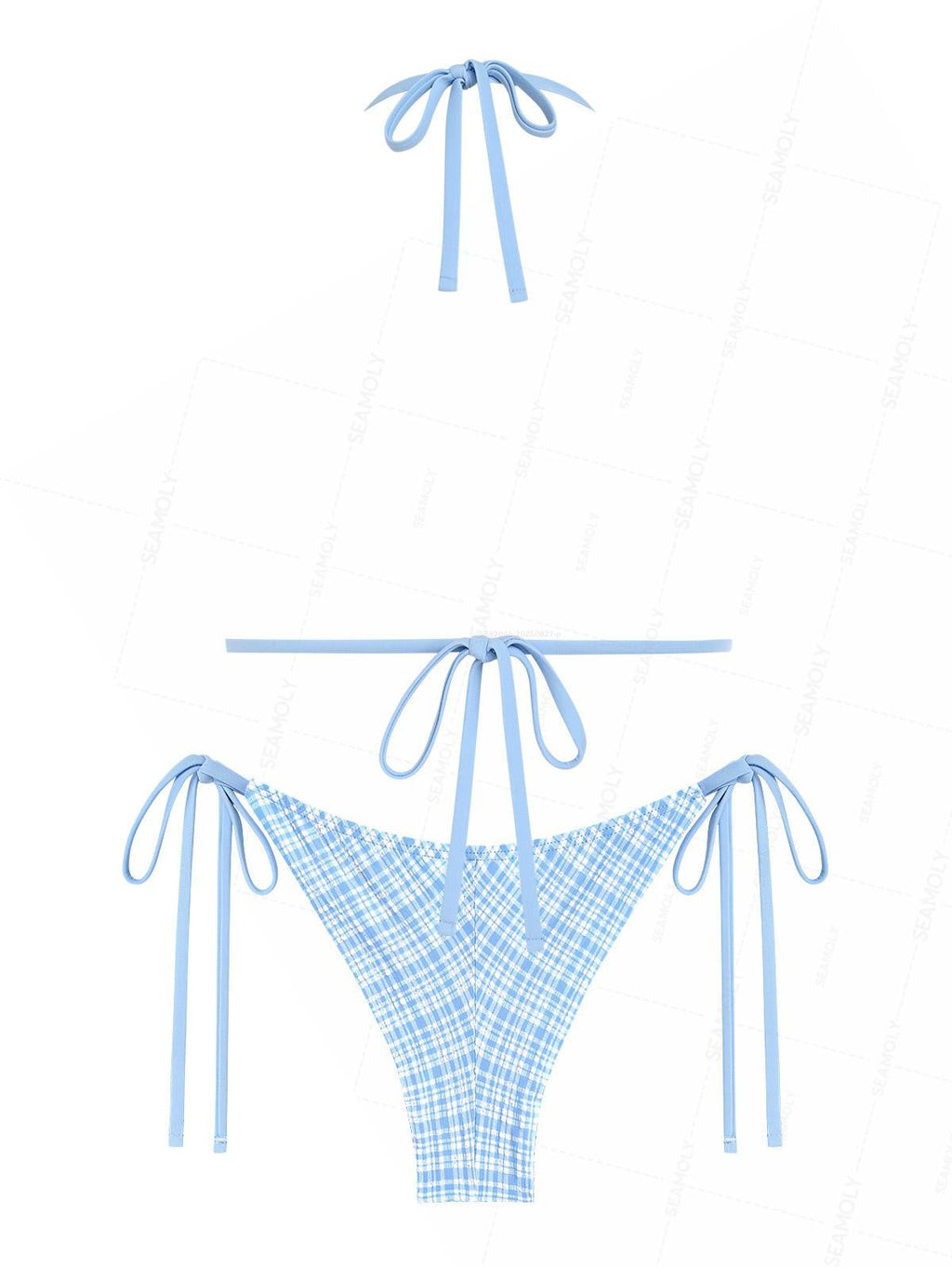Seamolly Plaid Textured Bowknot Halter Triangle Top & Tie Side Brazilian Bottom Bikini Set