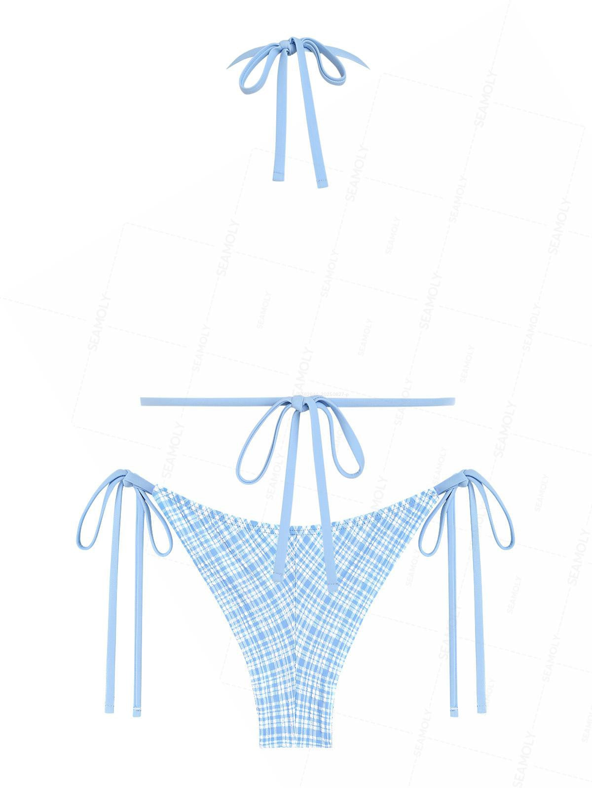 Seamolly Plaid Textured Bowknot Halter Triangle Top & Tie Side Brazilian Bottom Bikini Set