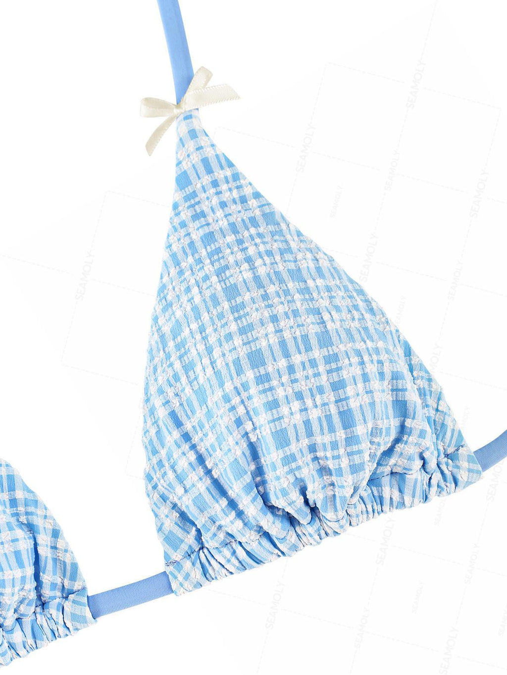 Seamolly Plaid Textured Bowknot Halter Triangle Top & Tie Side Brazilian Bottom Bikini Set