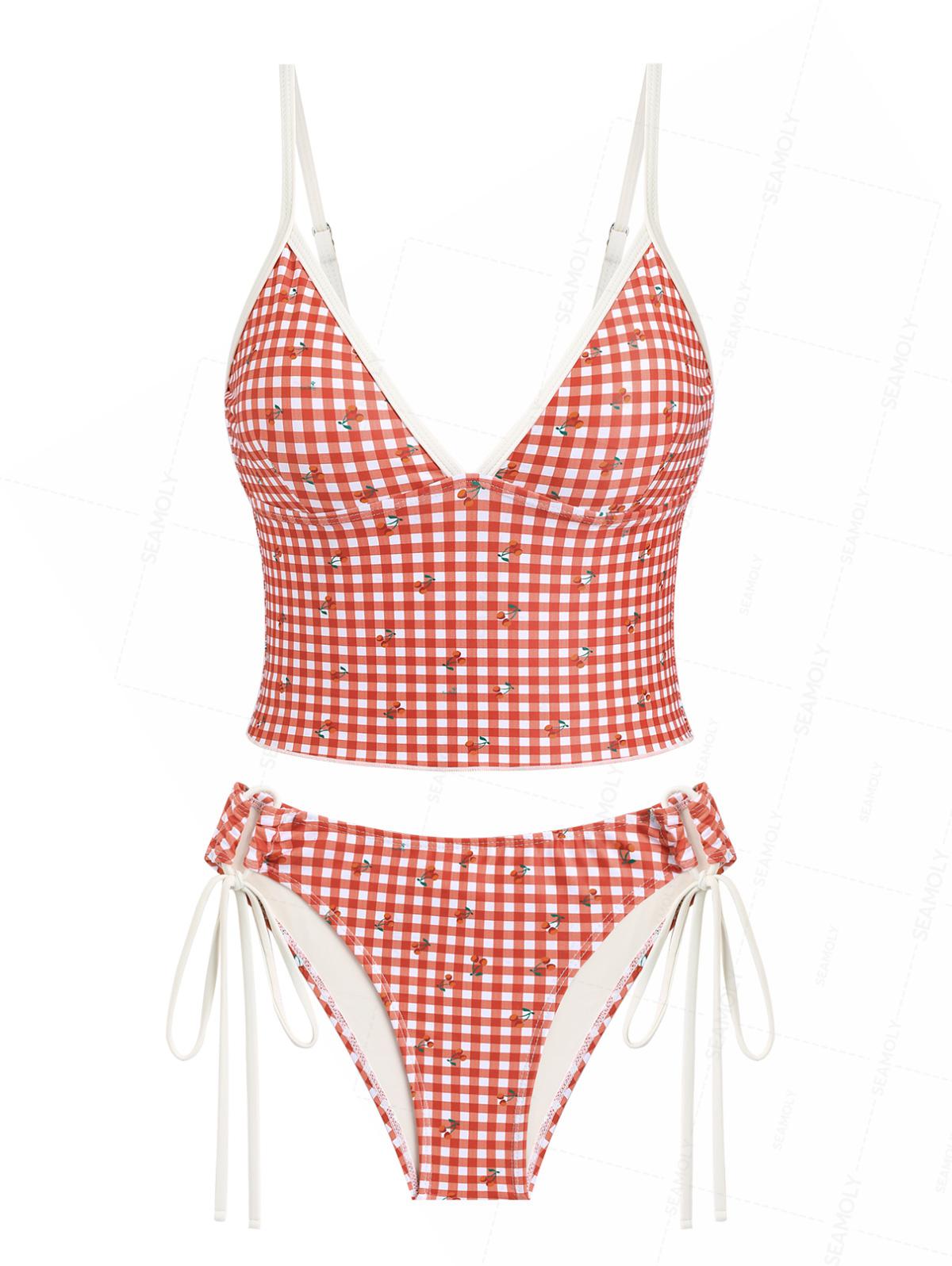 Seamolly Gingham Cherry Print Cinched Tie Side Tankini Set
