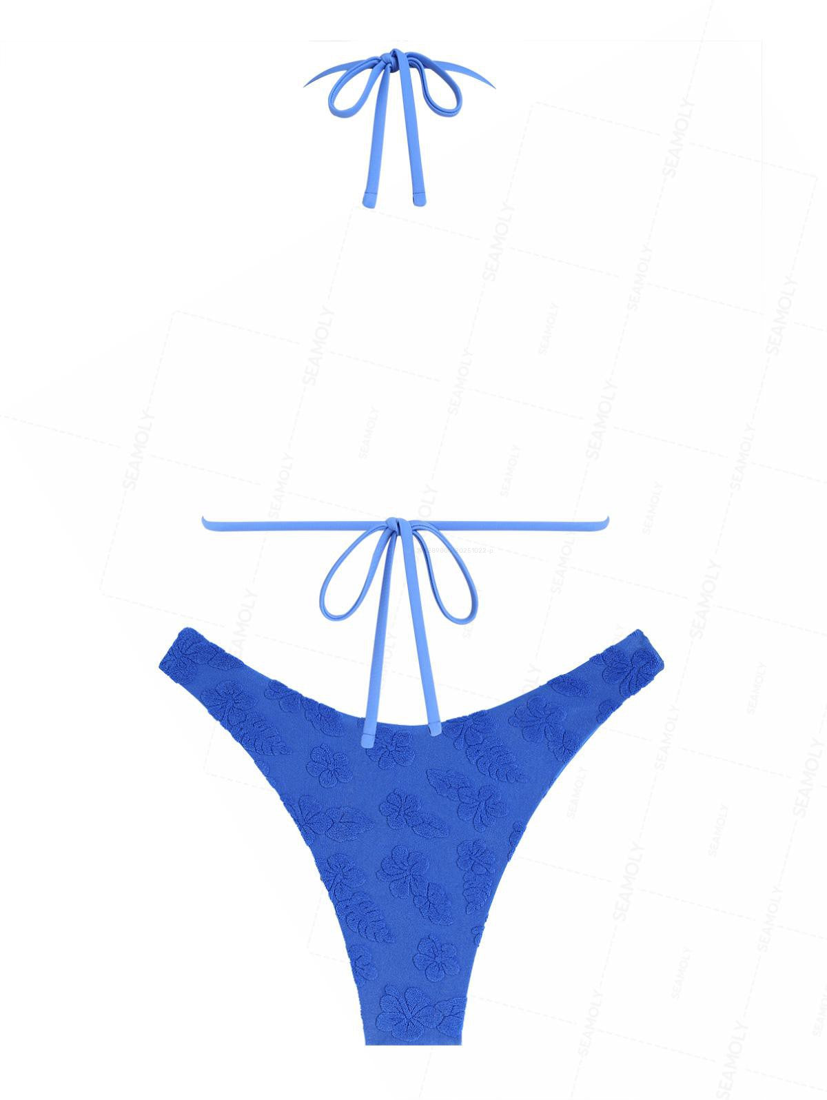 Seamolly Terry Cloth Toweling Floral Leaf Jacquard Halter Triangle Bikini Set